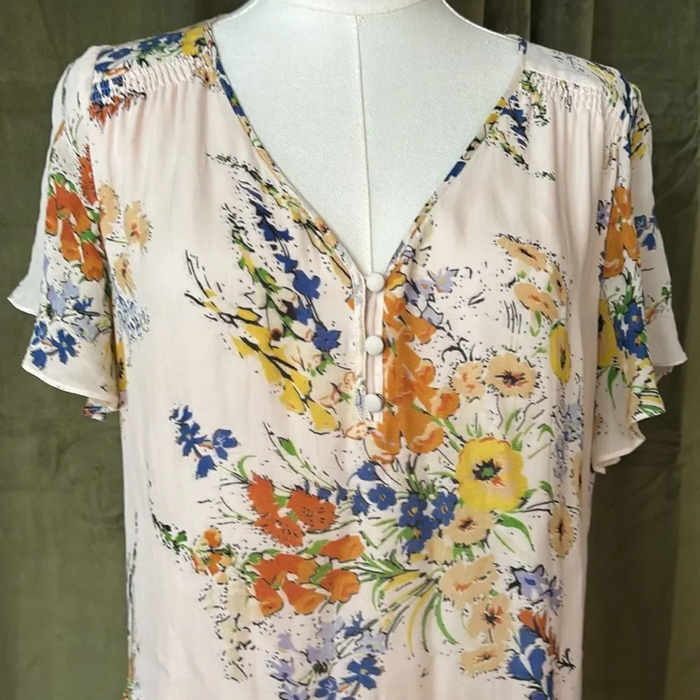Parker silk/viscose Floral Print Dress with Ruffle Sleeves, S
